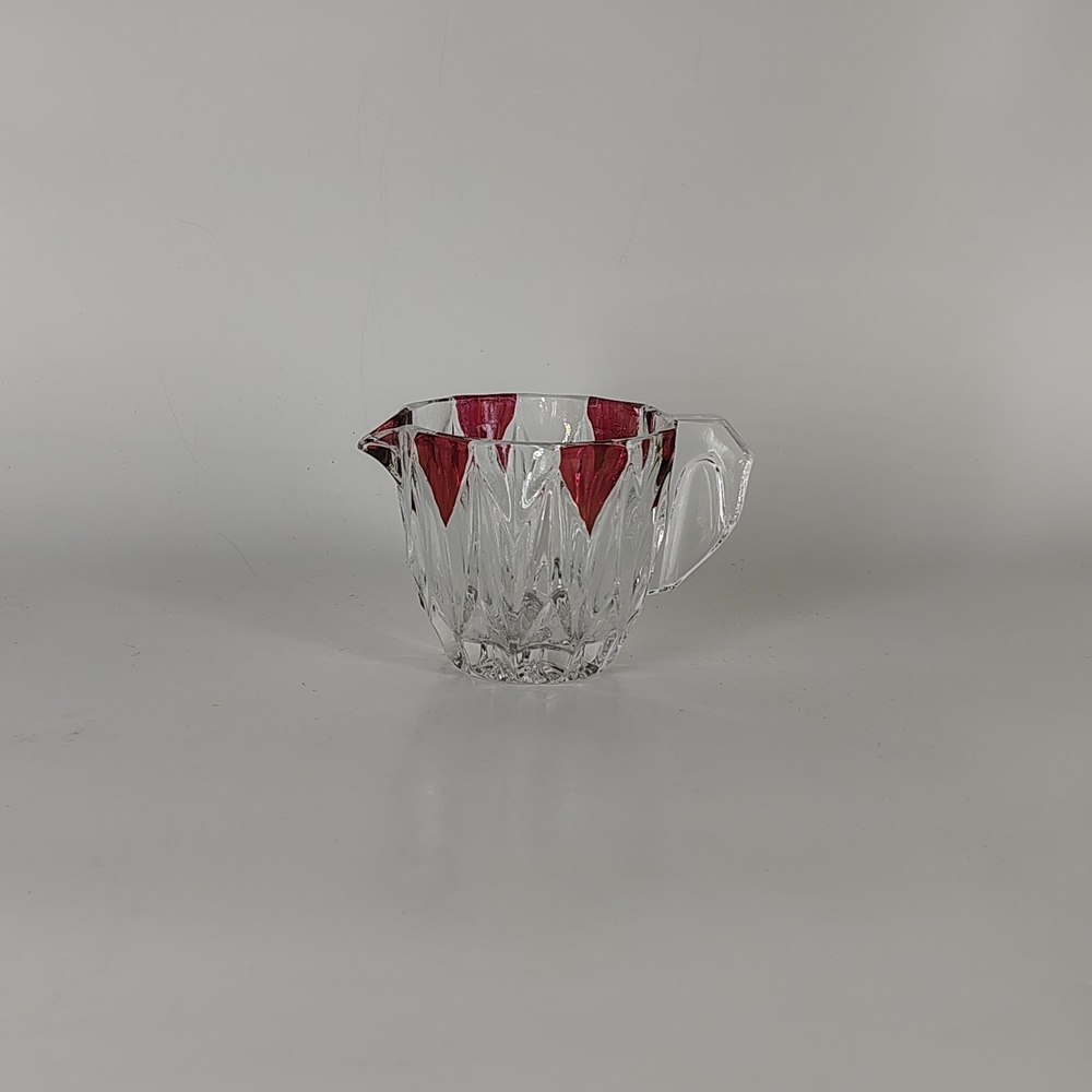 Glass Creamer Pitcher Ruby Red Accents Clear Solid Handle Vintage